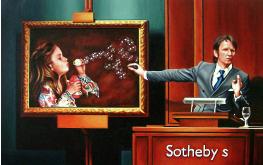 artbubble- hyperrealism acrylic painting by artist painter Gerard Boersma showing auctioneer Tobias Meyer auction painting of girl blowing bubbles at auctionhouse Sotheby's