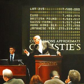 auction- hyperrealism acrylic painting by artist painter Gerard Boersma showing auction at auctionhouse Christie's, conversions to currency and lot number in background