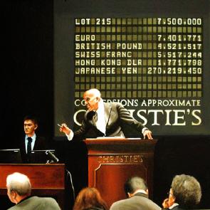 auction- hyperrealism acrylic painting by artist painter Gerard Boersma showing auction at auctionhouse Christie's, conversions to currency and lot number in background