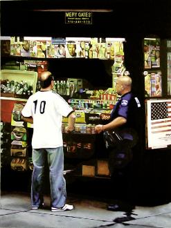 security - hyperrealism painting by artist Gerard Boersma showing a street scene of a man and policeman in front of kiosk at Wallstreet in New York