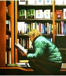 bookstore- hyperrealism painting by artist Gerard Boersma showing woman squatting down reading book in bookstore