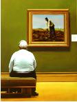 break- hyperrealism painting by artist Gerard Boersma showing a man looking at art by Millet in Getty Center, Los Angeles