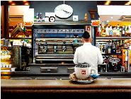 Woman At Counter- hyperrealism acrylic painting by artist painter Gerard Boersma showing a woman at the counter of  coffee bar (Coffee Bean and Tea Leaf)