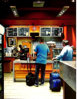 Coffee Bean Airport- hyperrealism acrylic painting by artist painter Gerard Boersma showing people waiting in line at Coffee Bean and Tea Leaf at airport