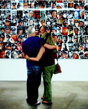 conqueror- hyperrealism painting by artist Gerard Boersma showing couple looking at Nazi's by Pjotr Uklansky in museum Rubell Family Collection Collection, Miami
