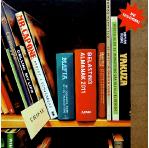 Crime- hyperrealism still life painting of books, belastingverhoging kunst, by artist Gerard Boersma, books by Carravagio, Cellini, Capone, Maffia, Mafia, Yakuza, Peter R. De Vries, Baantjer en de Cock