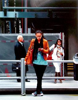 The Hague Central- hyperrealism acrylic painting by artist painter Gerard Boersma showing people on central station in The Hague