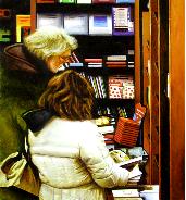 couple- hyperrealism painting by artist Gerard Boersma showing couple flipping through books in local bookstore