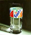 fanta- hyperrealism acrylic still life painting by artist Gerard Boersma showing glass fanta