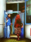 decency- hyperrealism acrylic painting by artist painter Gerard Boersma showing a man opening a door for a young lady