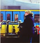 tram- hyperrealism painting by artist Gerard Boersma showing a man waiting for tram in Den Haag, The Hague