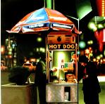 chain- hyperrealism acrylic painting by artist painter Gerard Boersma showing a woman in front of Sabrett hotdog stand at Guggenheim museum New York