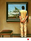 iceberg- hyperrealism acrylic painting by artist painter Gerard Boersma showing man in front of Casper David Friedrich shipwreck painting at kunsthalle Hamburg, Germany