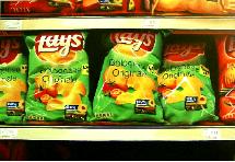 lays- hyperrealism acrylic still life painting by artist Gerard Boersma showing bags of lays chips in supermarket