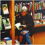 literature- hyperrealism painting by artist Gerard Boersma showing woman reading in bookstore