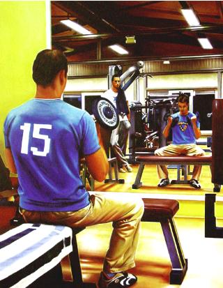narcissus- hyperrealism acrylic painting by artist painter gerard boersma showing man in gym looking at own reflection, dumbells