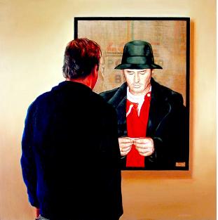smoker- hyperrealism acrylic painting by artist painter gerard boersma, smoking in front of deli store, neon light, night scene, street, new york