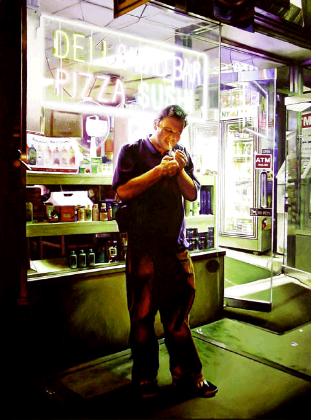 smoker- hyperrealism acrylic painting by artist painter gerard boersma, smoking in front of deli store, neon light, night scene, street, new york