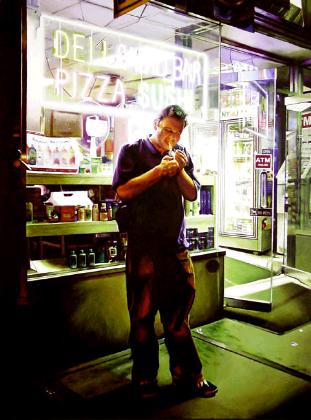 smoker- hyperrealism acrylic painting by artist painter gerard boersma, smoking in front of deli store, neon light, night scene, new york