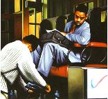 shoe shine boy- hyperrealism acrylic painting by artist painter Gerard Boersma showing afro american businessman getting his shoes shined at grand central station New York