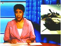 show- hyperrealism acrylic painting by artist painter Gerard Boersma showing dutch 8 o'clock news with anchor Noraly Beijer announcing war, nos broadcasting, tank