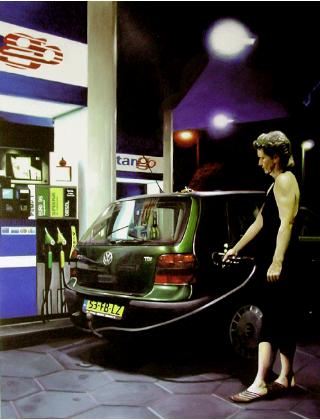 tango- hyperrealism acrylic painting by artist painter Gerard Boersma showing a woman filling up her car with gas at gasstation at night, volkswagen vw