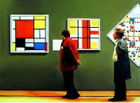 tic tac toe- hyperrealism acrylic painting by artist painter Gerard Boersma showing two men standing in front of works by piet mondriaan, victory boogie woogie, made up museum, fake 