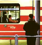 tram- hyperrealism painting by artist Gerard Boersma showing a man waiting for tram in Den Haag, The Hague