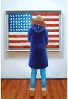 American Flag- museum and art within art hyperrealism painting by Gerard Boersma of woman enjoying American Flag by Jasper Johns