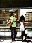 attraction- chase- hyperrealism acrylic painting by artist painter Gerard Boersma showing tourists, a man and woman, taking pictures at Ground Zero in New York, streetscene 911, twin towers