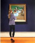 Self Portrait Andy Warhol- museum and art within art hyperrealism painting by Gerard Boersma of woman enjoying painting by Andy Warhol