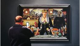 The Scream- museum and art within art hyperrealism painting by Gerard Boersma of woman enjoying painting by Edvard Munch