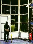 Dinner- hyperrealism acrylic painting by artist painter Gerard Boersma showing a man getting a snack from a machine