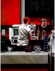 Coffee Bar- stores and interiors- hyperrealism  painting of a woman working in a coffee bar by artist Gerard Boersma