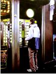 Dinner- hyperrealism acrylic painting by artist painter Gerard Boersma showing a man getting a snack from a machine