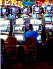 Slot Machines, painting of man hitting the slot machines in Las Vegas