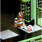 lunchbreak- hyperrealism acrylic painting by artist painter Gerard Boersma showing a man having lunch behind laptop computer at Ernst & Young plaza in Los Angeles, LA