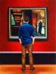 Drowning Girl- museum and art within art hyperrealism painting by Gerard Boersma of man enjoying Drowning Girl by Roy Lichtenstein