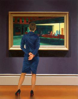 Flowers- museum and art within art hyperrealism painting by Gerard Boersma of woman enjoying Flower Thrower by Banksy