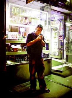 security - hyperrealism painting by artist Gerard Boersma showing a street scene of a man and policeman in front of kiosk at Wallstreet in New York