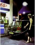 Tango- hyperrealism street scenes painting of woman at Tanga gas station  by artist Gerard Boersma