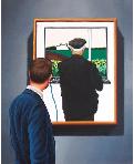 Hello- museum and art within art hyperrealism painting by Gerard Boersma of a boy fiddling with phone in front of painting by Roy Lichtenstein