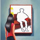 Drowning Girl- museum and art within art hyperrealism painting by Gerard Boersma of man enjoying Drowning Girl by Roy Lichtenstein