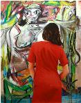 The Scream- museum and art within art hyperrealism painting by Gerard Boersma of woman enjoying painting by Edvard Munch
